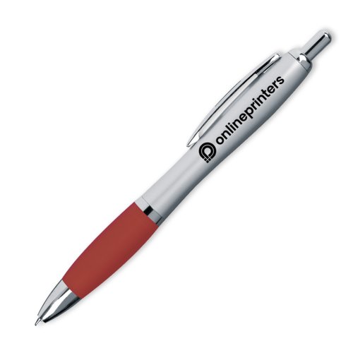 Burgundy plastic ballpoint pen with clip and push button.