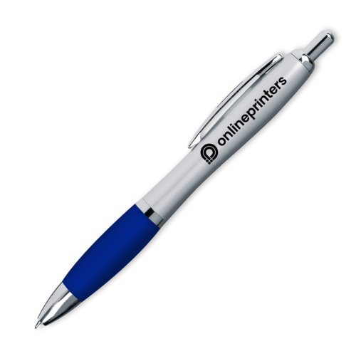 Blue ballpoint pen with clip and push mechanism.