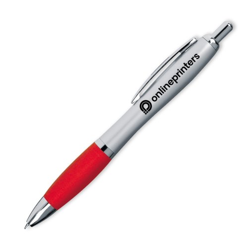 Red ballpoint pen with clip and push mechanism.