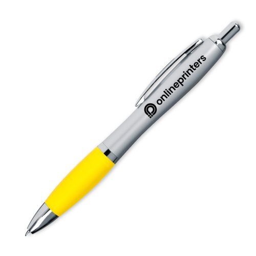 Yellow ballpoint pen with clip and push mechanism.