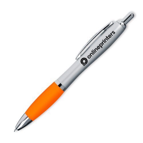 Orange plastic ballpoint pen with clip and push button.