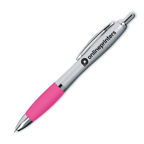 Pink ballpoint pen with clip and push mechanism.