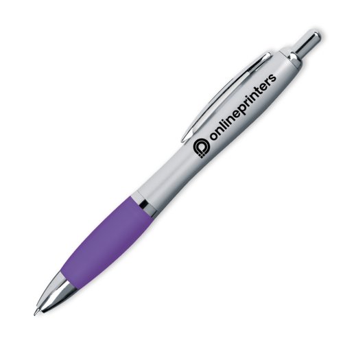 Violet plastic ballpoint pen with clip and push button.