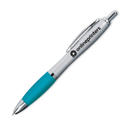 Turquoise plastic ballpoint pen with clip and push mechanism.