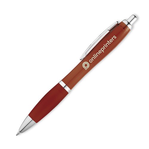 Burgundy ballpoint pen with clip and push mechanism.