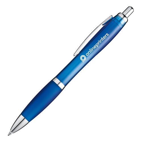 Blue plastic ballpoint pen with pattern, clip and push button.