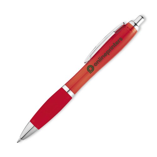 Red plastic ballpoint pen with clip and push button.