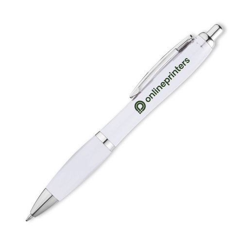 White plastic ballpoint pen with clip and push button.
