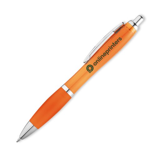 Orange plastic ballpoint pen with clip and push button.