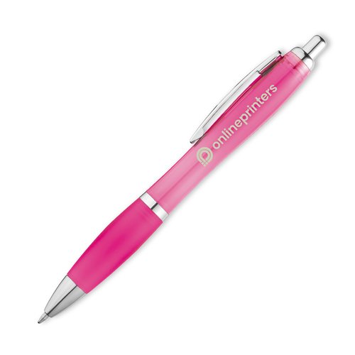 Pink plastic ballpoint pen with clip.