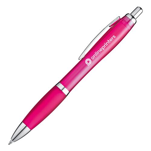 Pink plastic ballpoint pen with clip.