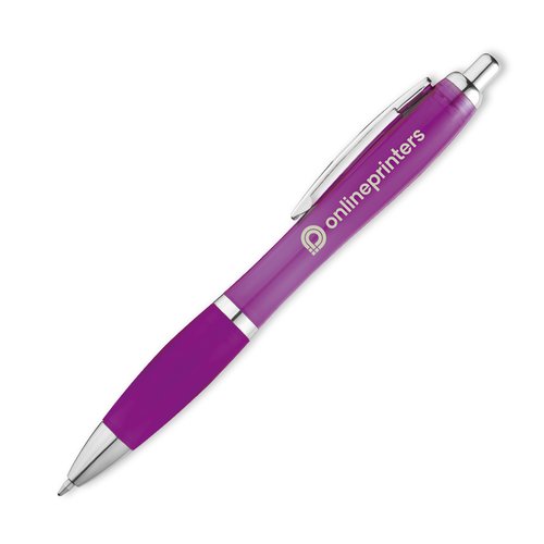 Violet plastic ballpoint pen with clip and push button.