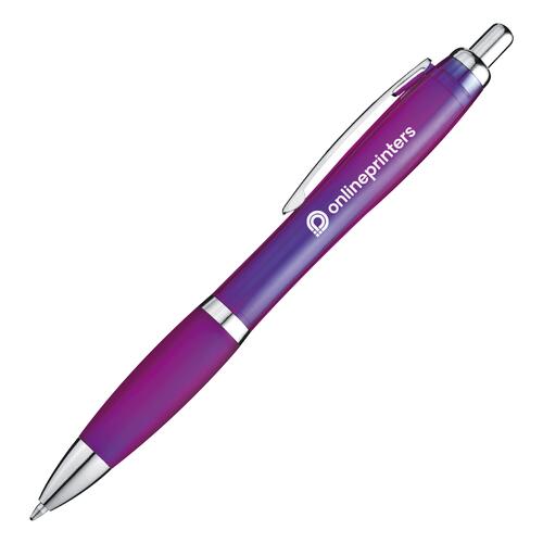 Violet plastic ballpoint pen with clip and push button.