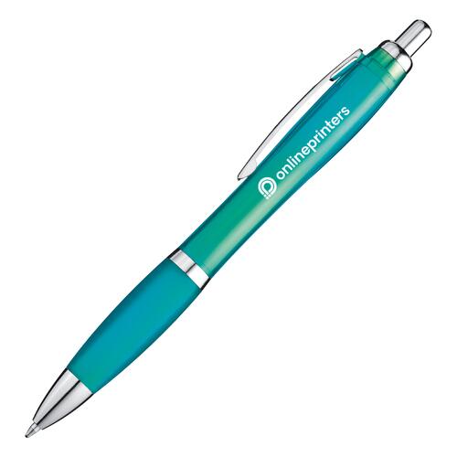 Turquoise plastic ballpoint pen with clip and push button.