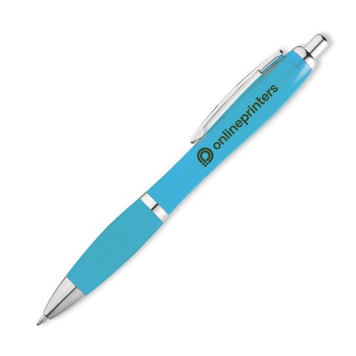 Light blue ballpoint pen with clip and push button.