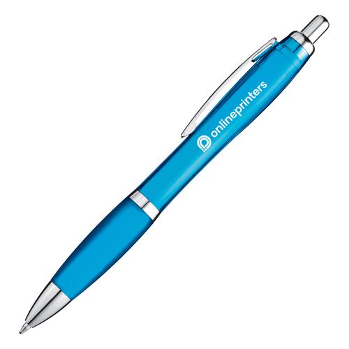 Light blue ballpoint pen with clip and push button.