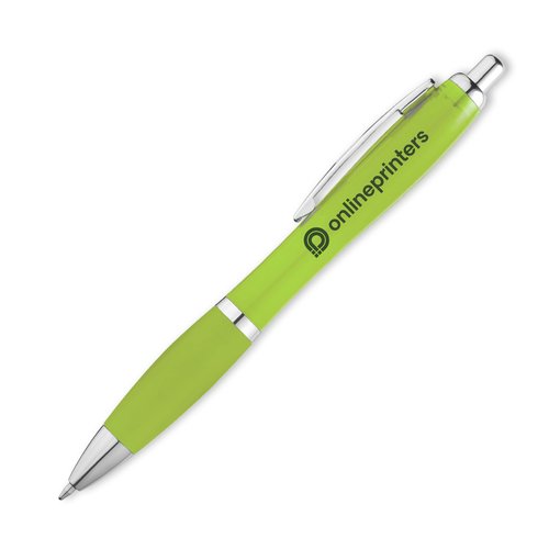 Apple green plastic ballpoint pen with clip and push button.