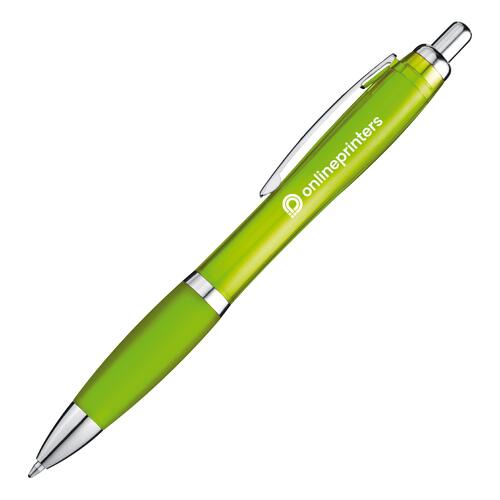 Apple green plastic ballpoint pen with clip and push button.