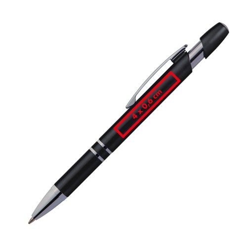 Black metal ballpoint pen with clip and push button.