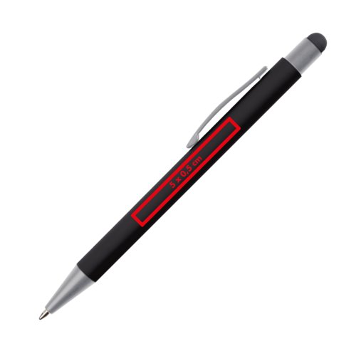 Black ballpoint pen with touch pen and clip.