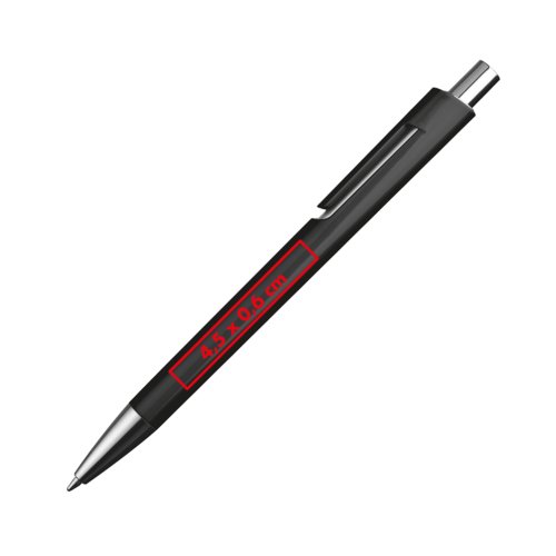 Black ballpoint pen with clip and push mechanism.
