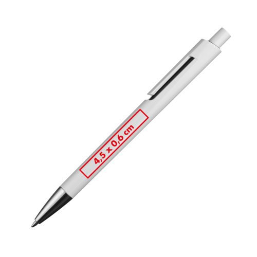 White ballpoint pen with clip and push mechanism.