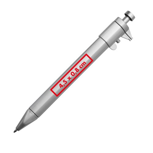 Silver metal ballpoint pen with caliper and push mechanism.