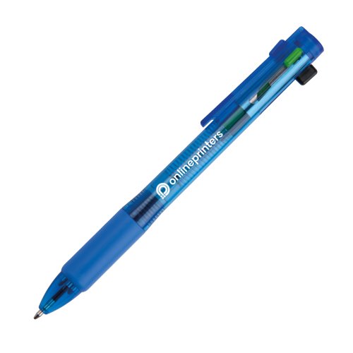 Blue 4-in-1 ballpoint pen with clip and multiple ink colors.