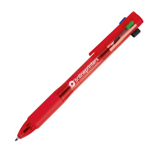 Red plastic 4-in-1 ballpoint pen with clip and push mechanism.