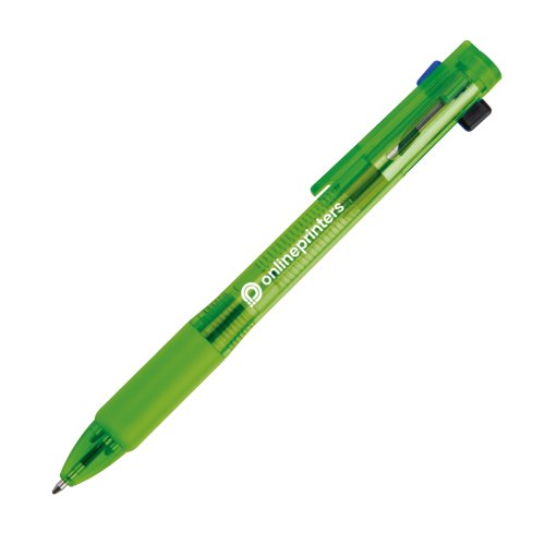 Green plastic ballpoint pen with four refills and clip.