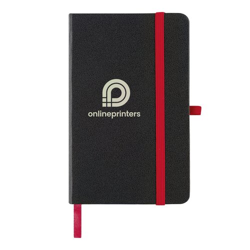 Red notebook with elastic closure and ribbon bookmark.