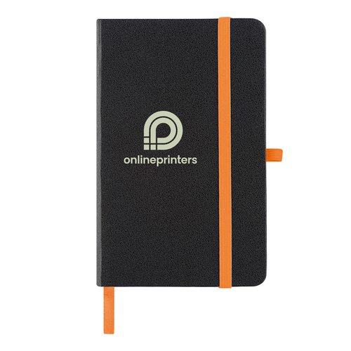 Black notebook with elastic band and ribbon bookmark.