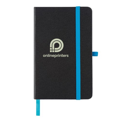Turquoise notebook with elastic closure and ribbon bookmark.