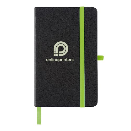 Black notebook with elastic band and ribbon bookmark.
