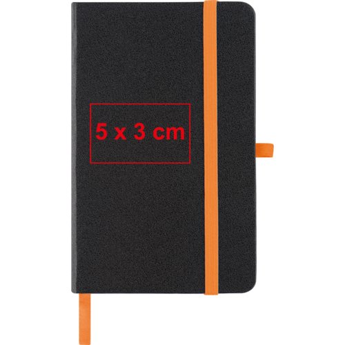 Black notebook with elastic closure and ribbon bookmark.