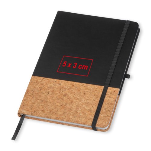 Black notebook with cork detail and elastic band.