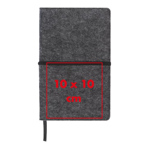Gray felt notebook with elastic band closure and ribbon bookmark.