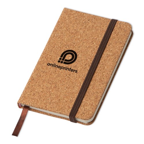 Cork notebook with elastic band and ribbon bookmark.