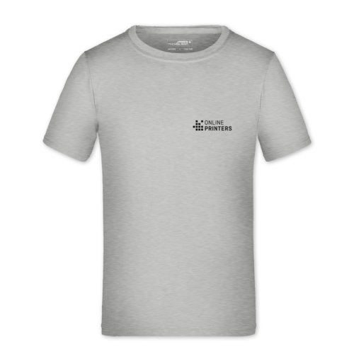Heather gray polyester kids' T-shirt with short sleeves.