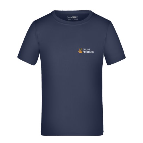 Dark blue polyester T-shirt for children with short sleeves.