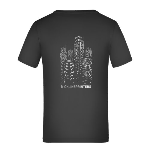 Black polyester children's T-shirt with short sleeves.
