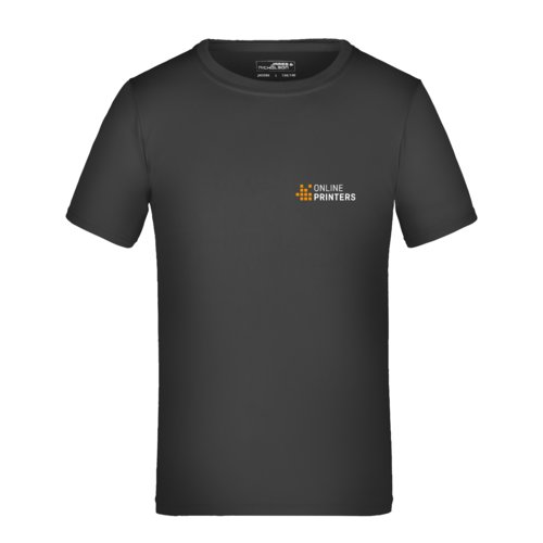 Black polyester T-shirt for kids with short sleeves.