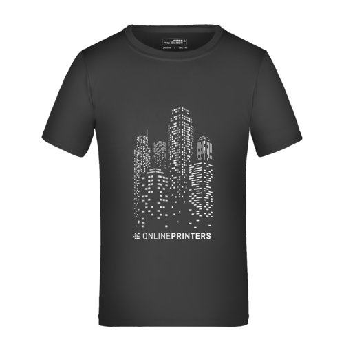 Black polyester children's t-shirt with short sleeves.