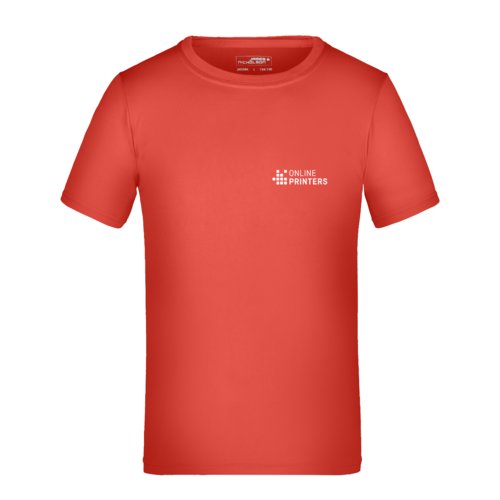 Red polyester children's t-shirt with short sleeves.