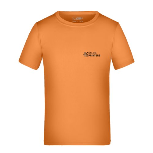 Orange polyester child's t-shirt with short sleeves.