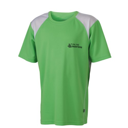 Green functional running shirt for children with short sleeves.
