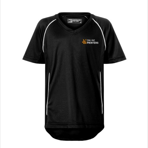 Black and white polyester children's team shirt with V-neck.