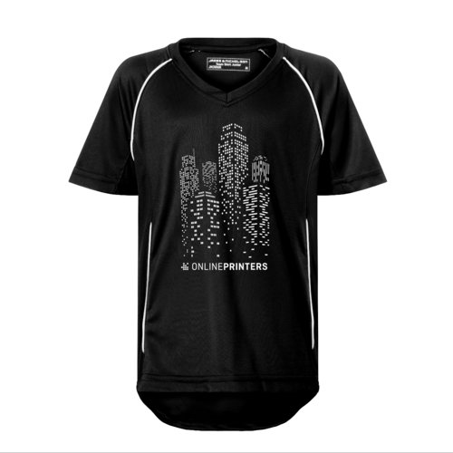 Black and white polyester kids team shirt with V-neck.