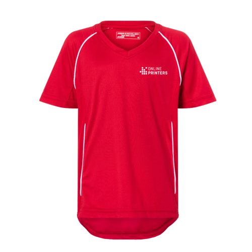 Red polyester t-shirt for children with v-neck and short sleeves.