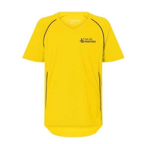 Yellow polyester kids team shirt with V-neck and short sleeves.